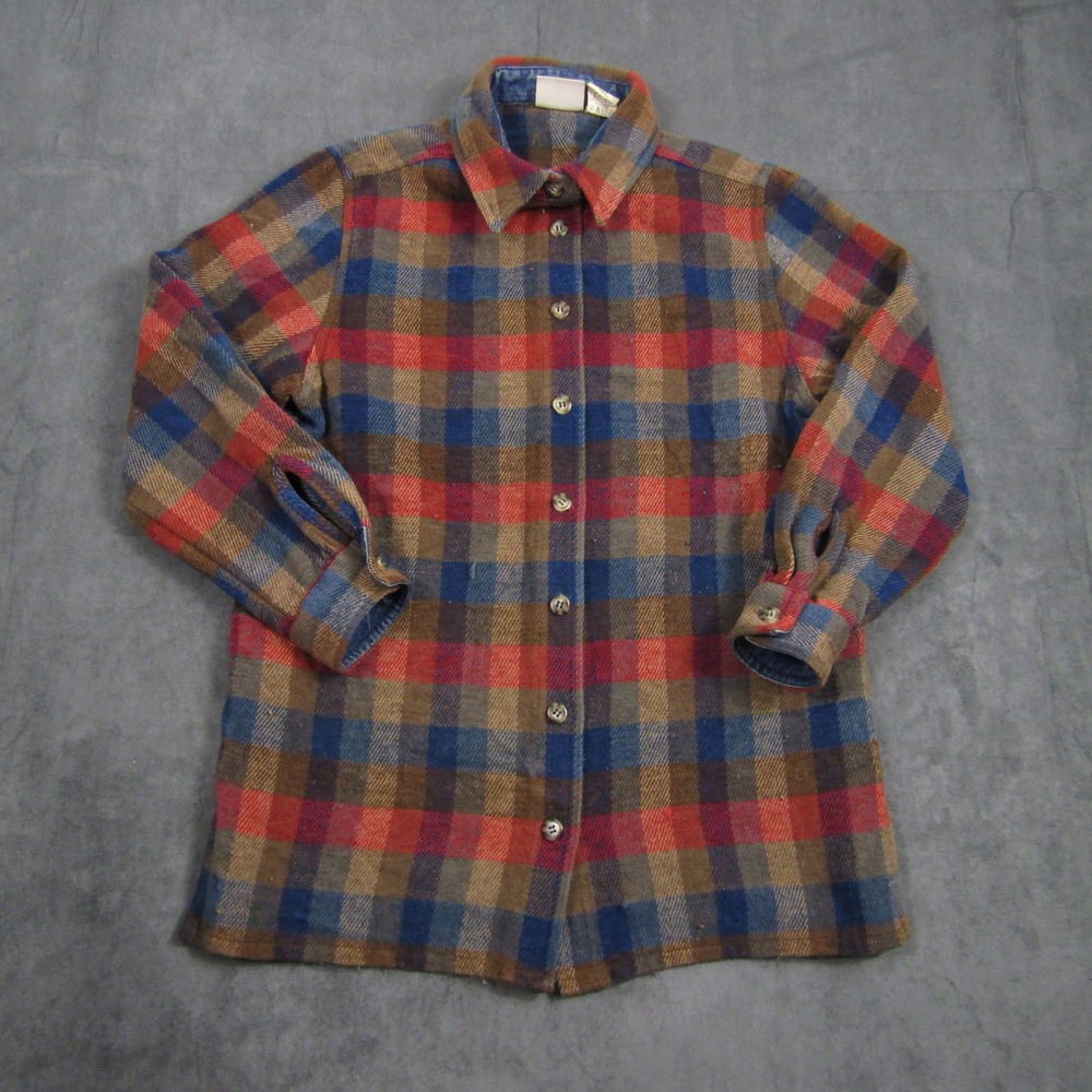 Koret City Blues Flannel Shirt Women Small Red Blue Plaid Denim Trim Button Up